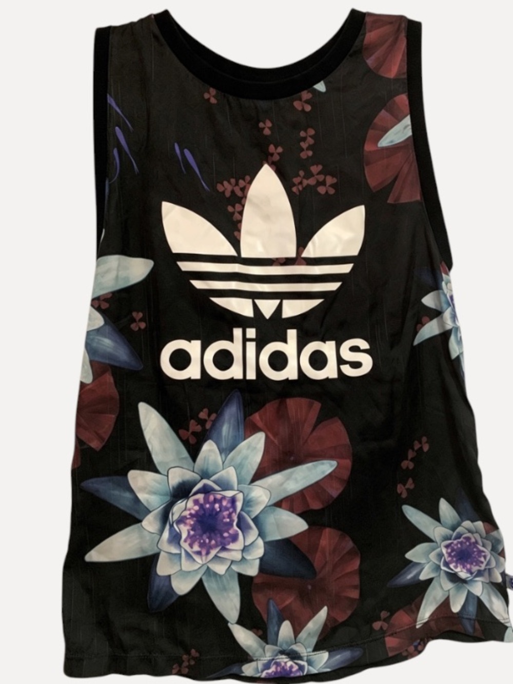 Adidas Originals Black Floral Water Lily Trefoil Big Logo Tank Top Small S